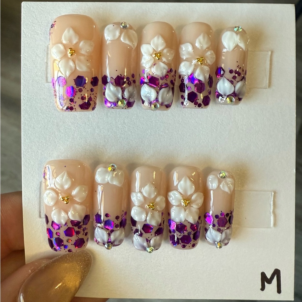 3D White Floral Press-On Nails with Purple Glitter Accents